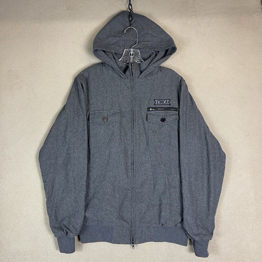 CIRCA Jacket Mens‎ Small Gray Heavy Wool Bland Full Zip Hooded Skateboarder